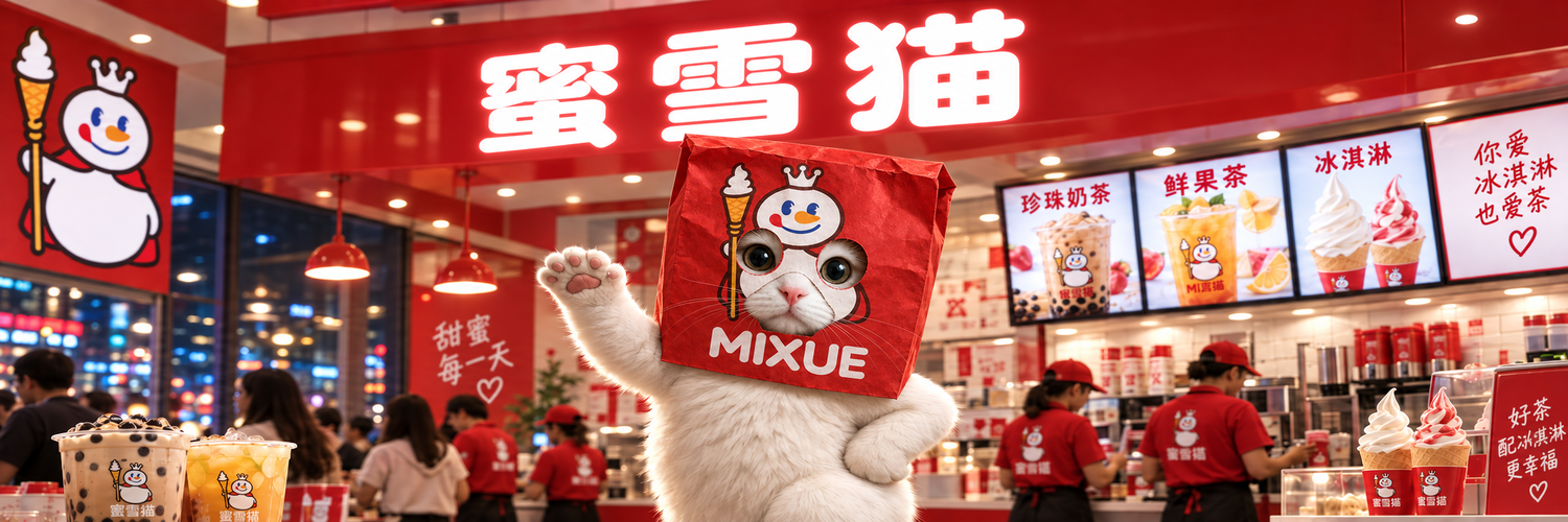 蜜雪猫在蜜雪茶饮店里挥手